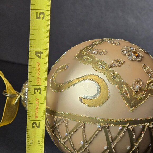 Frontgate Gold Glass Ornament Hand Decorated Swirls Gemstones Glitter 4 Inch - Picture 7 of 8